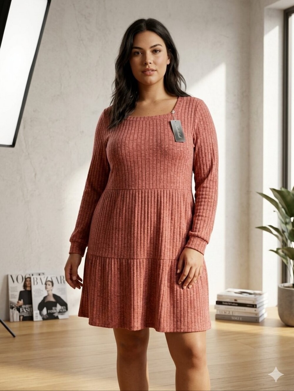 Essential Ribbed Midi Dress With Pockets in Rust Size Large